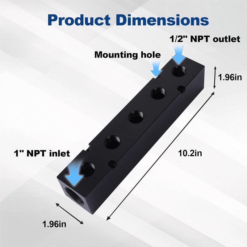 MARSTEK High Flow Air Manifold, Air Compressor Manifold, Air Hose Inline Manifold Block Splitter, Pneumatic Manifold Air Distribution Block, NPT 1 Inch Supply Port, NPT 1/2 Inch Output Port (5 Way 7 Port) - Image 4